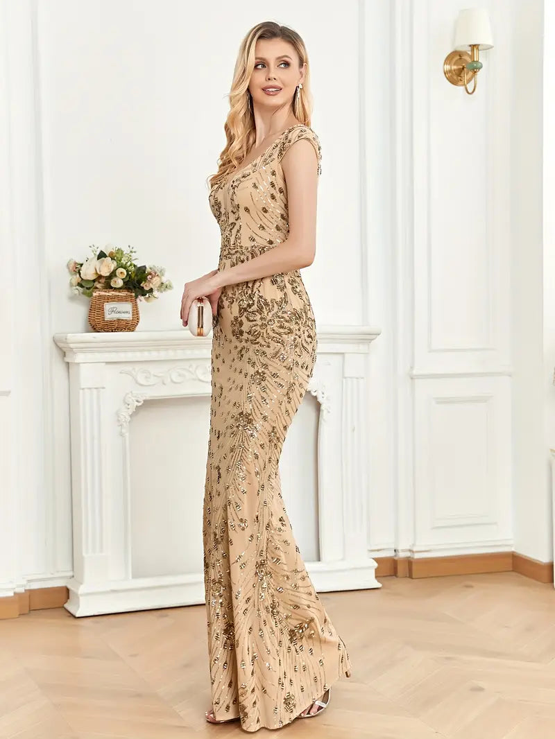 Sleeveless V-Neck Sequin Gown in light Gold