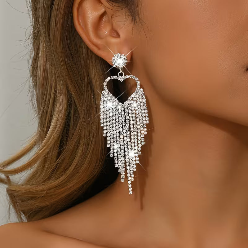 Heart Shape Tassel Earrings in Silver