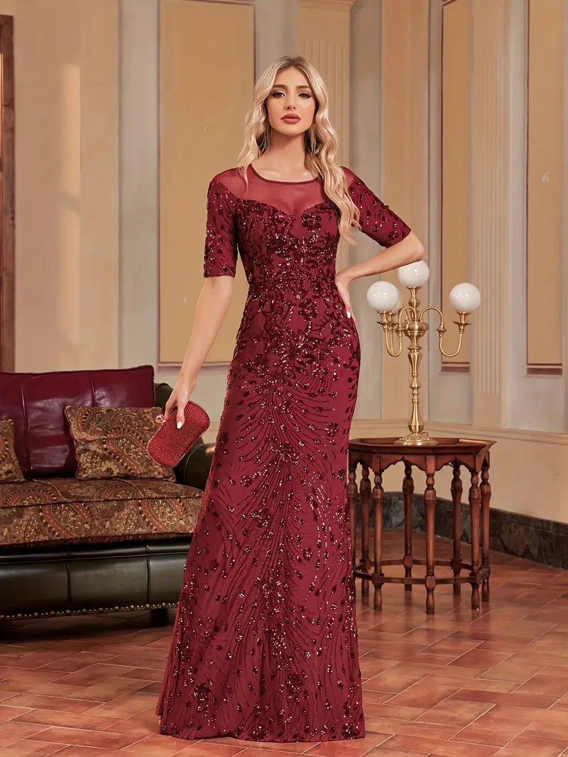 Mermaid Fit Sequin Gown in Burgundy