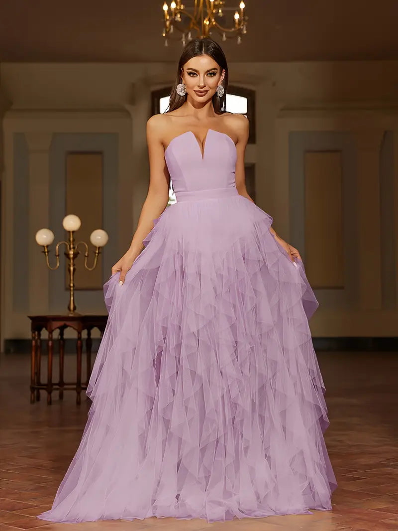 PRE-ORDER Ruffled Tulle Off the Shoulder Gown in Lavender
