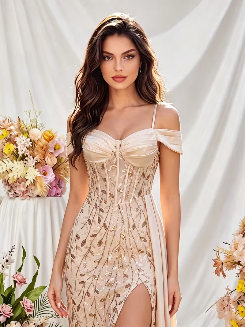 Elegant Open Shoulder Fish Tail Gown in Champagne