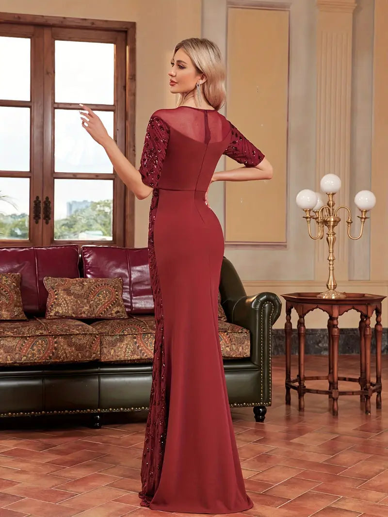 Mermaid Fit Sequin Gown in Burgundy