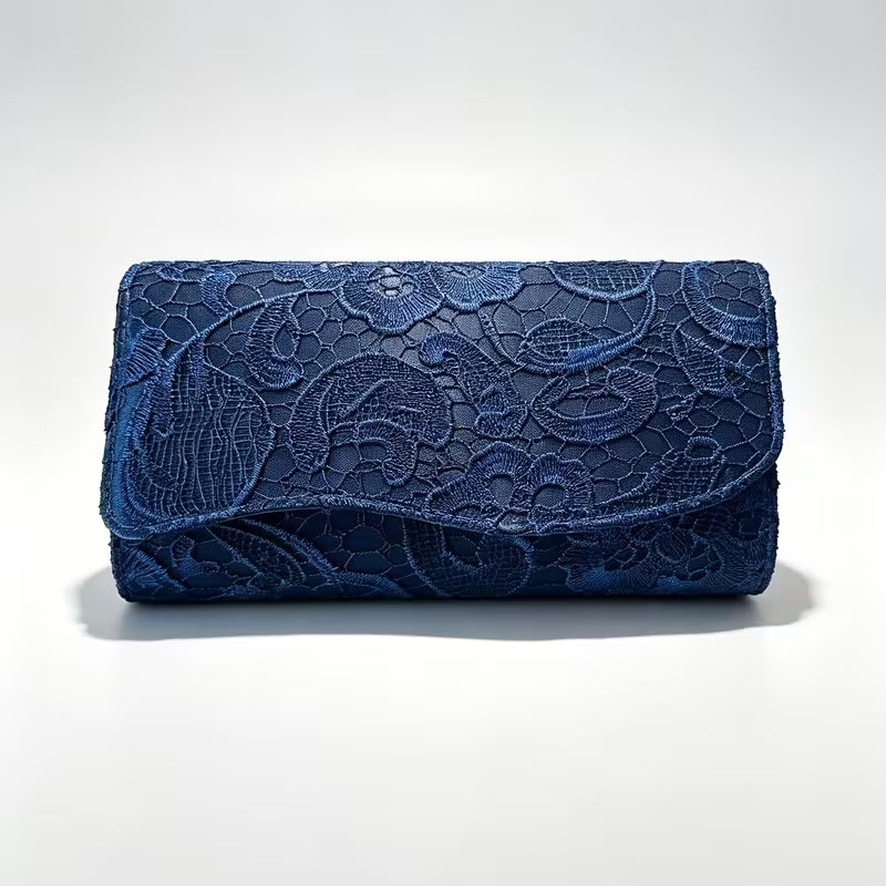 Satin and Lace Fabric Pattern Clutch in Navy