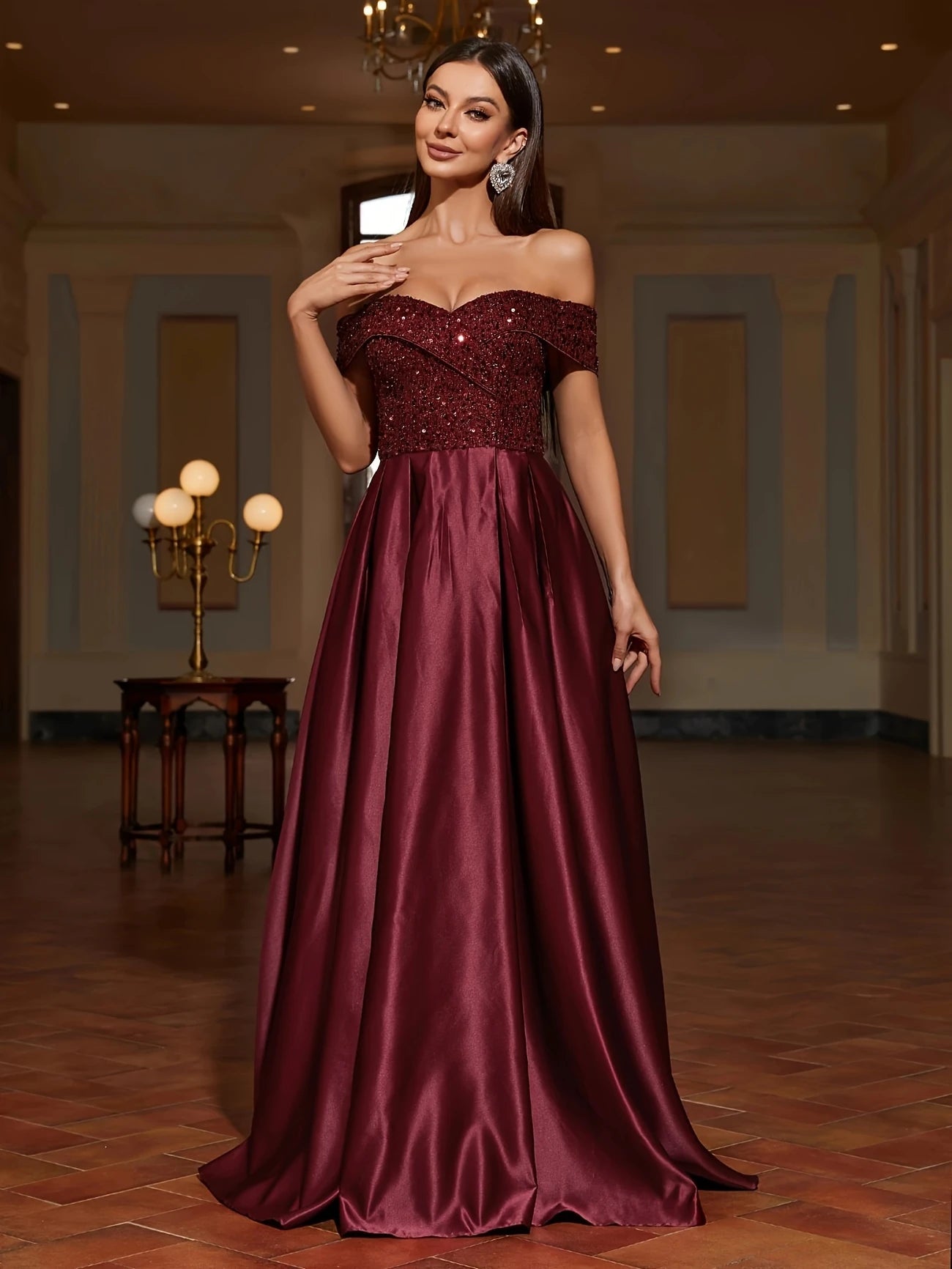 Off the Shoulder A-Line Gown in Burgundy
