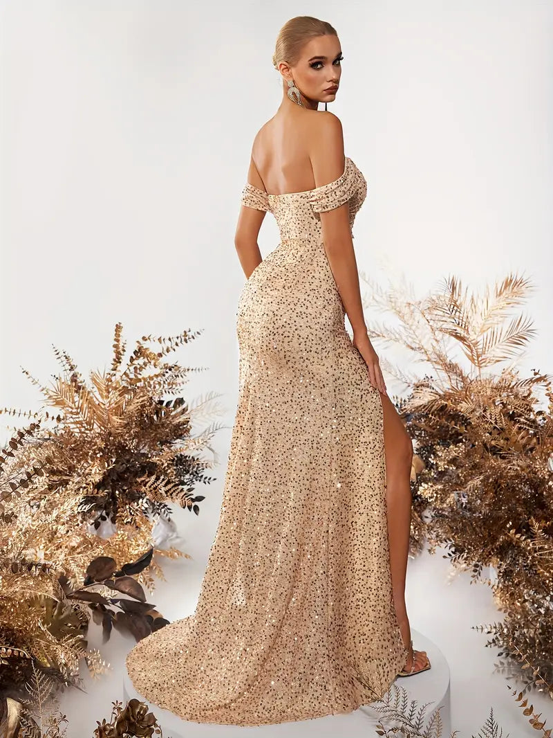 PRE-ORDER Gold Sequin Off the Shoulder Gown