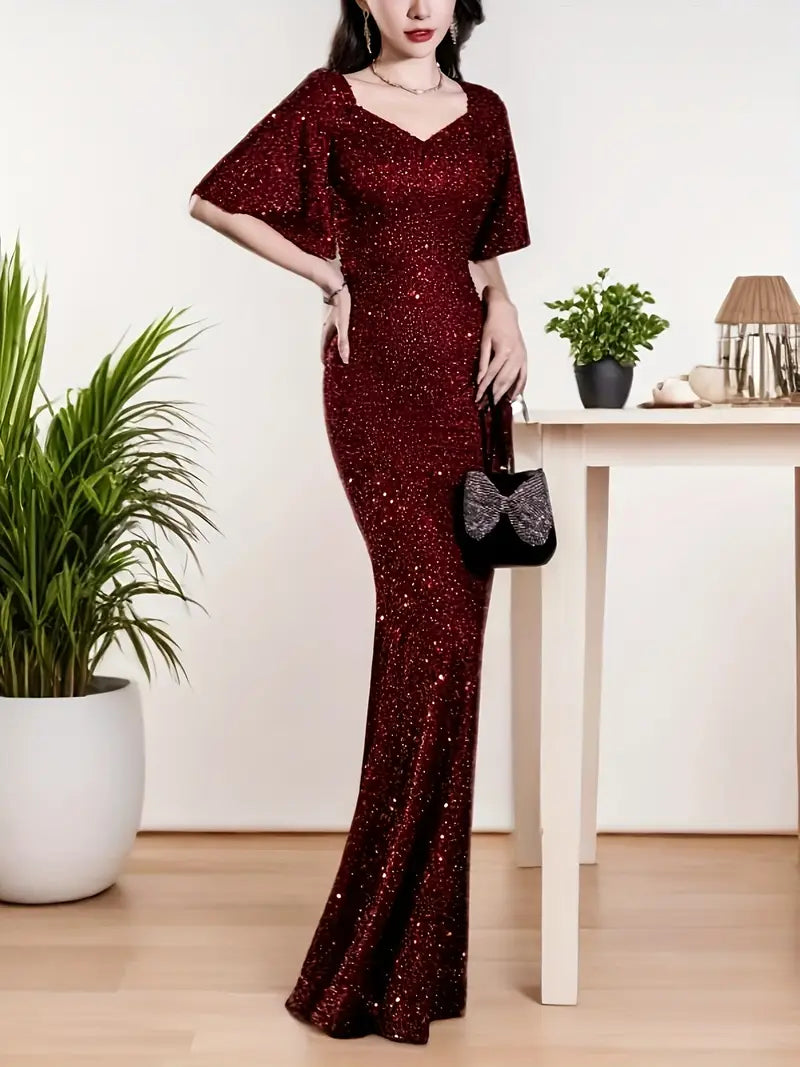Sequin V Neck Ruffle Sleeve Gown in Burgundy