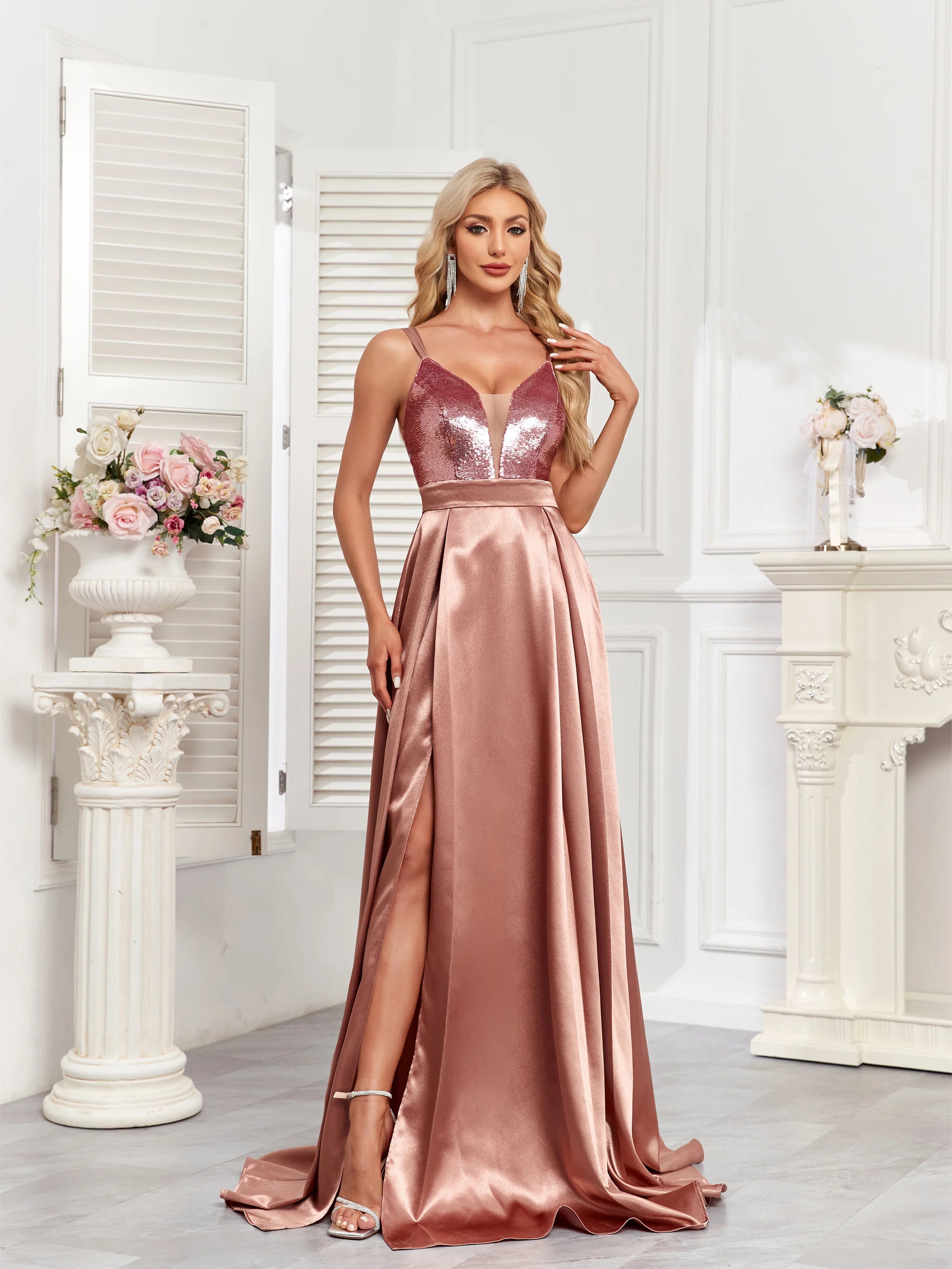 V-Neck Sequin and Satin Ball Dress in Champagne