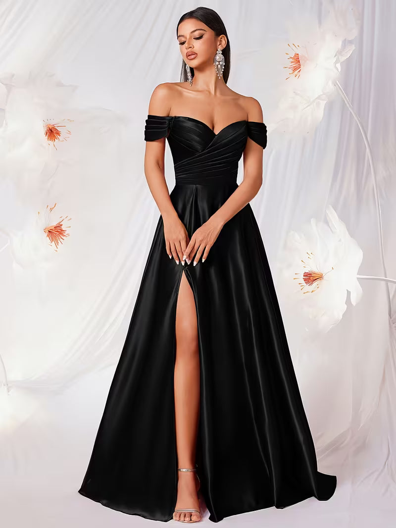 Off the Shoulder Waisted Satin Gown in Black