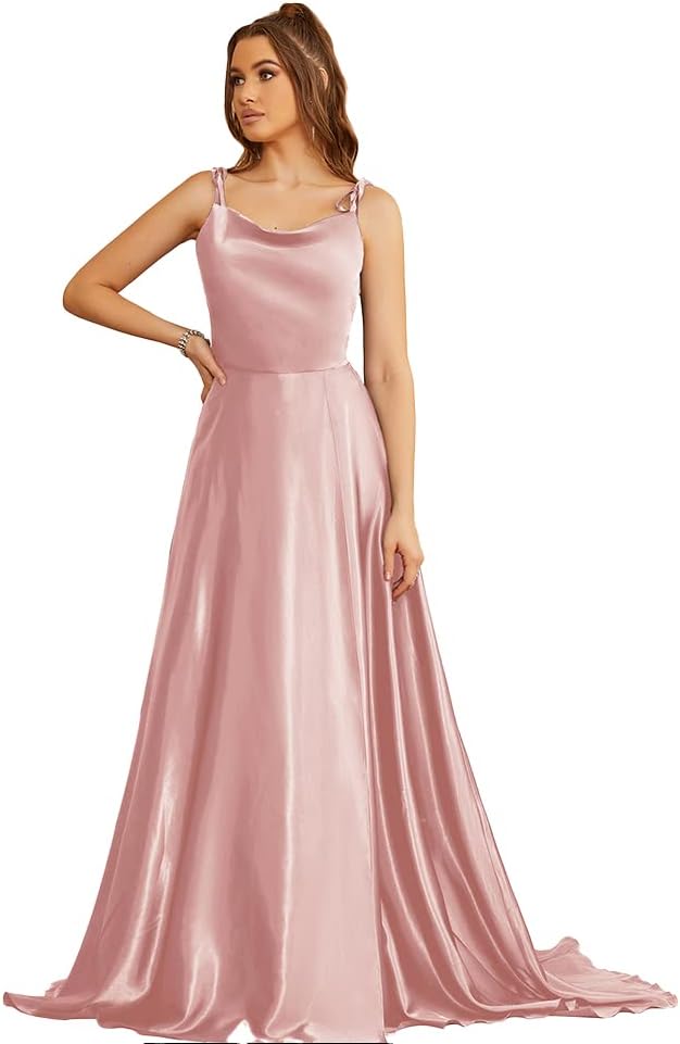 Simple Cowl Neck Satin Gown With Spaghetti Straps in Dusty Pink