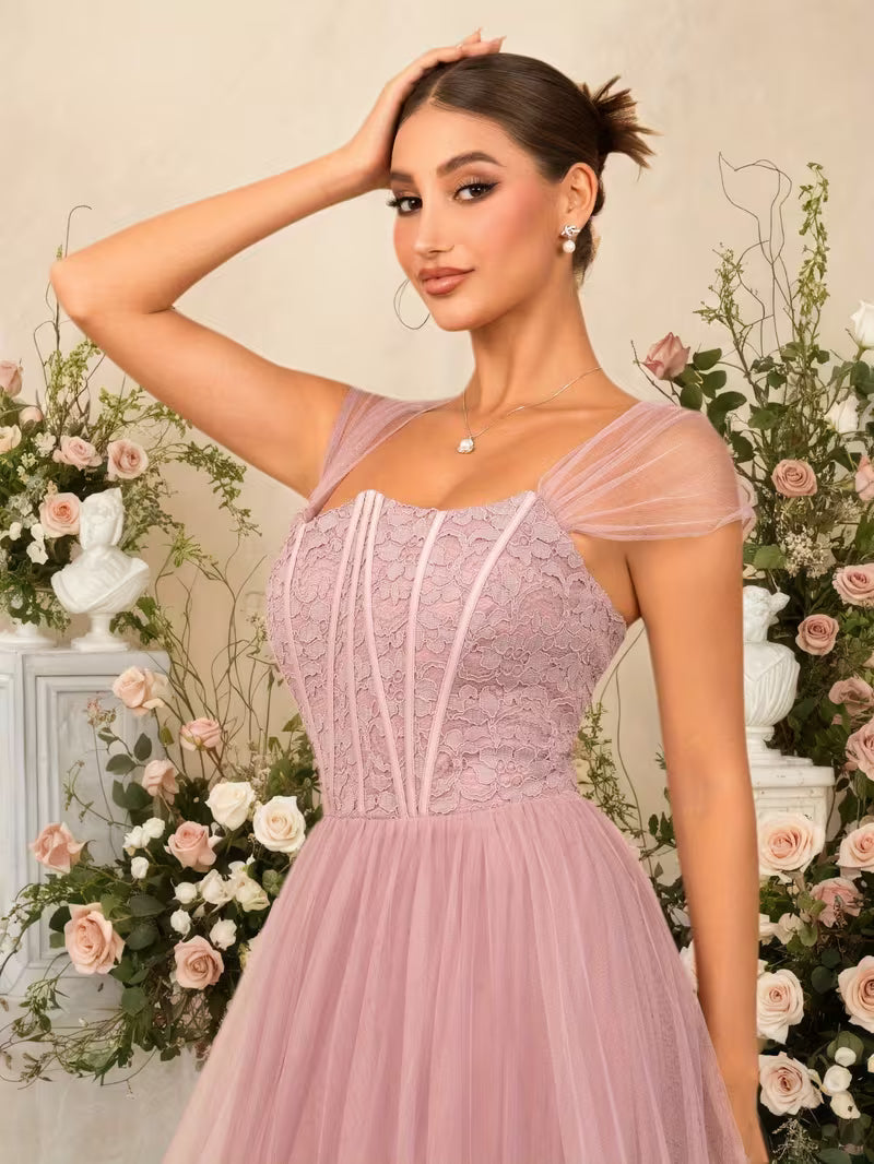Soft Pink Tulle Gown with Lace Contoured Bodice