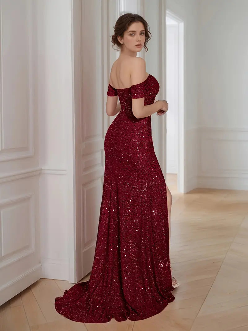 Sequin Off The Shoulder Split Hem Gown in Burgundy