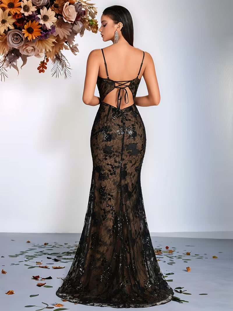 Black and Nude Lace & Sequin print Dress