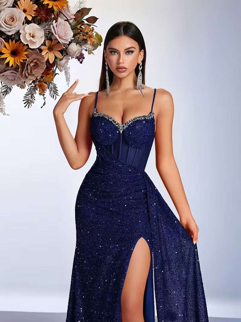 Sequin Navy High-Waisted Dress