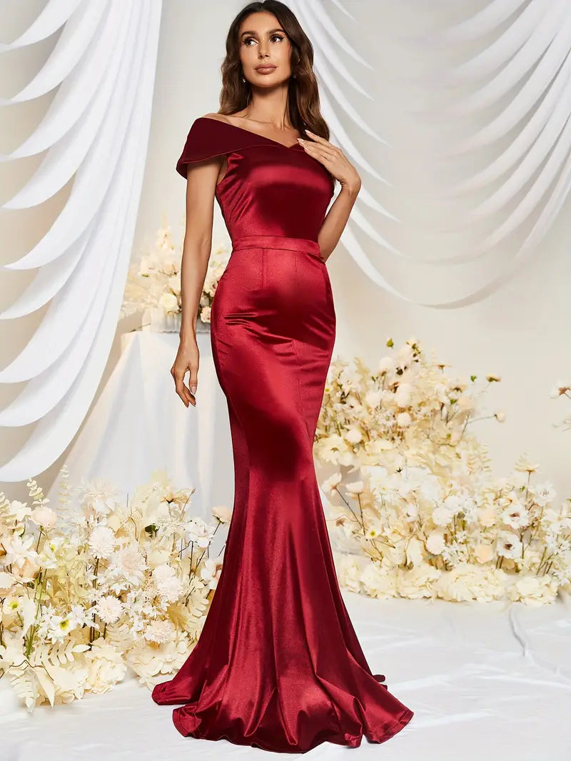 Satin Off-The-Shoulder Gown in Deep Red-CLEARANCE
