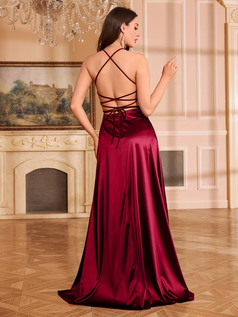 Cross Back Satin Dress With Slits in Red