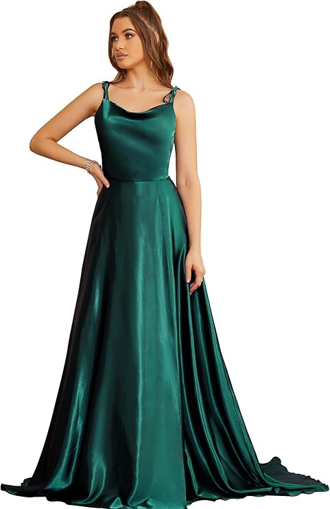 Satin Gown With Spaghetti Straps in Dark Green