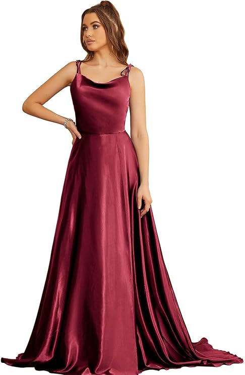Simple Cowl Neck Satin Gown With Spaghetti Straps in Burgundy