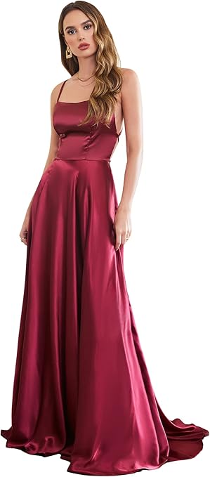 Satin Gown with Spaghetti Straps and Cross Back in Burgundy