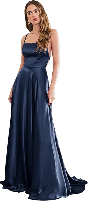 Satin Gown Spaghetti Straps With Cross Back in Navy
