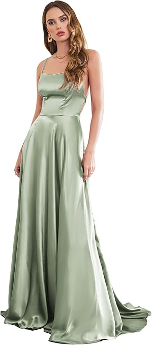 Satin Gown with Spaghetti Straps and Cross Back in Sage