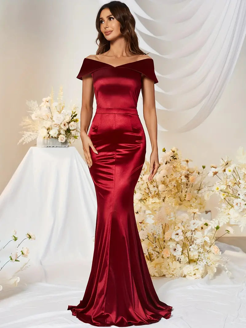 Satin Off-The-Shoulder Gown in Deep Red-CLEARANCE