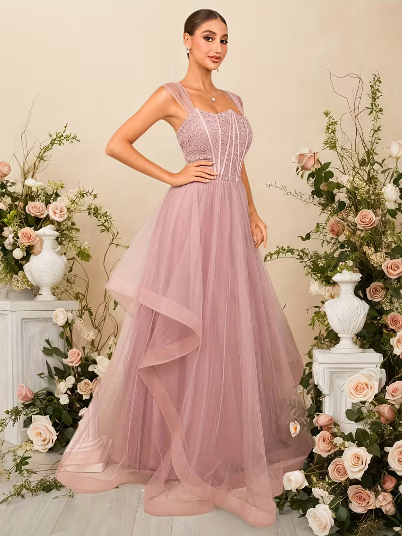 Soft Pink Tulle Gown with Lace Contoured Bodice