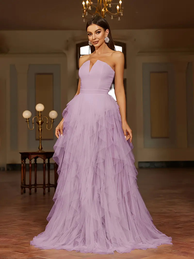 PRE-ORDER Ruffled Tulle Off the Shoulder Gown in Lavender
