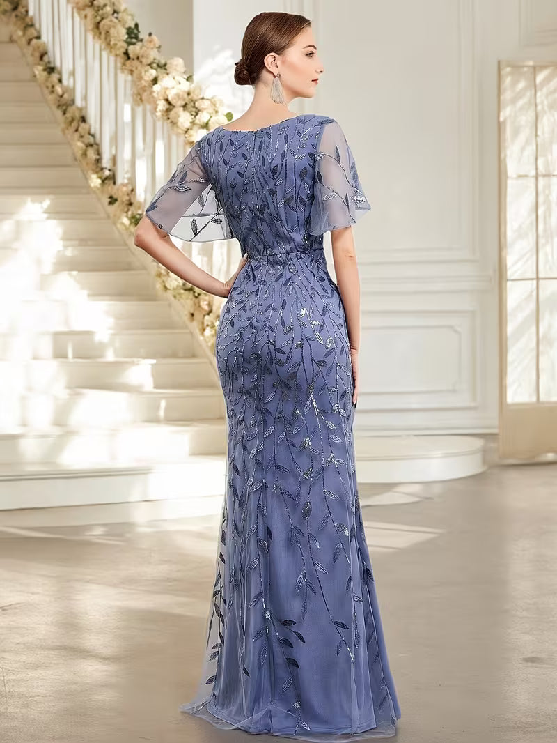 Sequin Mesh Mermaid Dress in Steel Blue