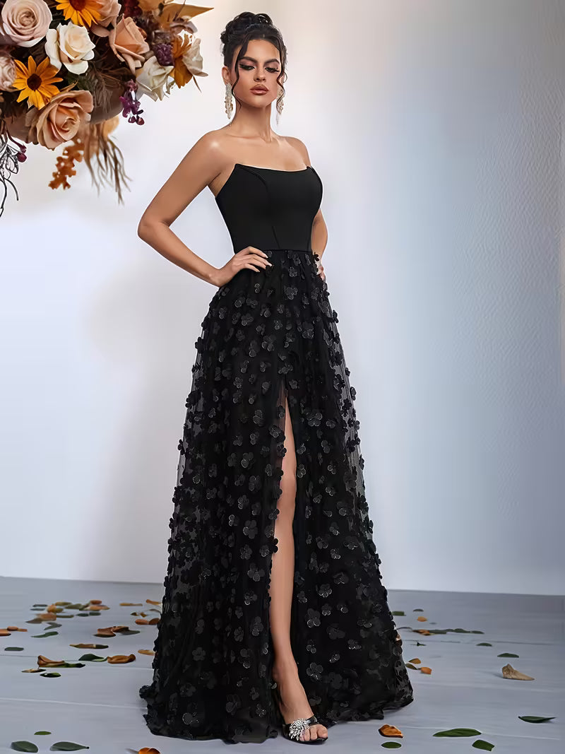 Black Chiffon Applique Gown