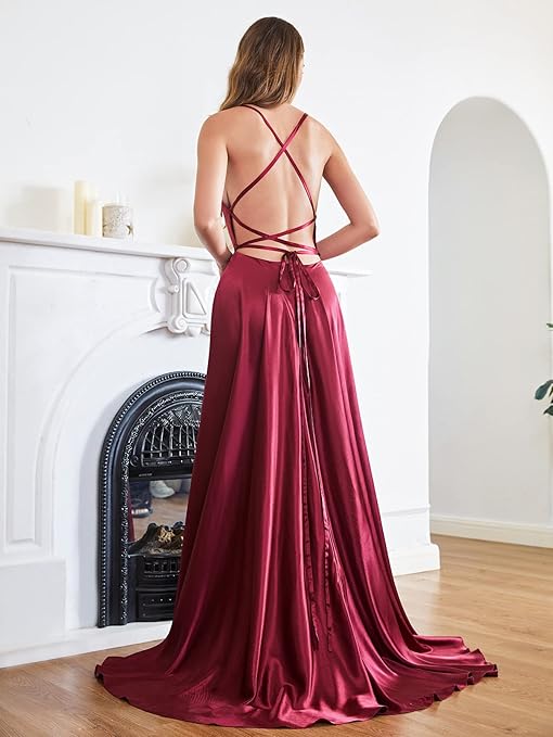 Satin Gown with Spaghetti Straps and Cross Back in Burgundy
