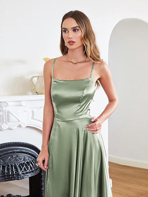 Satin Gown with Spaghetti Straps and Cross Back in Sage