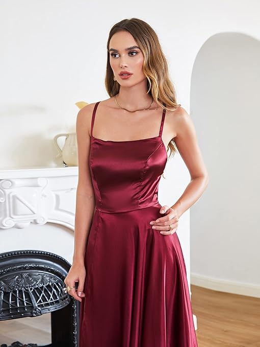 Satin Gown with Spaghetti Straps and Cross Back in Burgundy