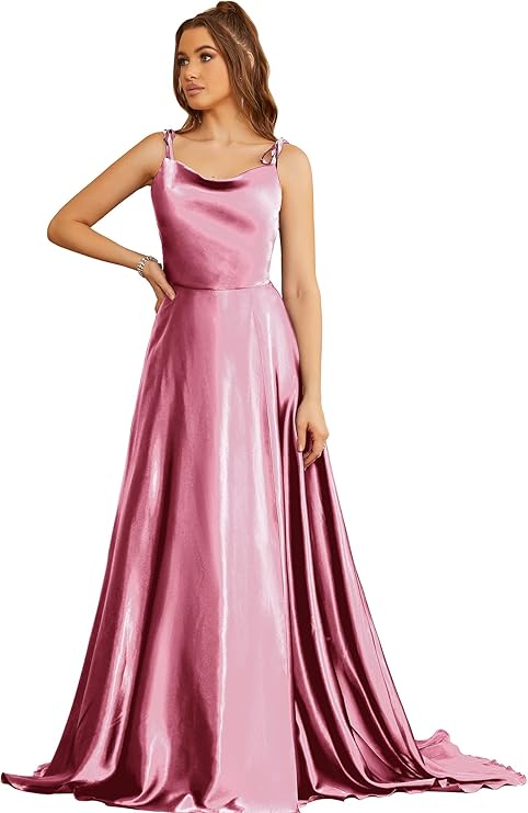 Dark Pink Satin Dress With Spaghetti Straps