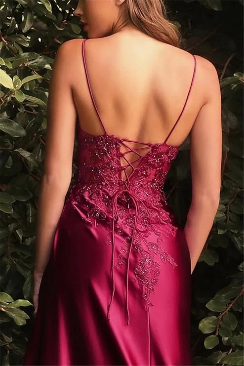 Satin Applique Gown in Burgundy