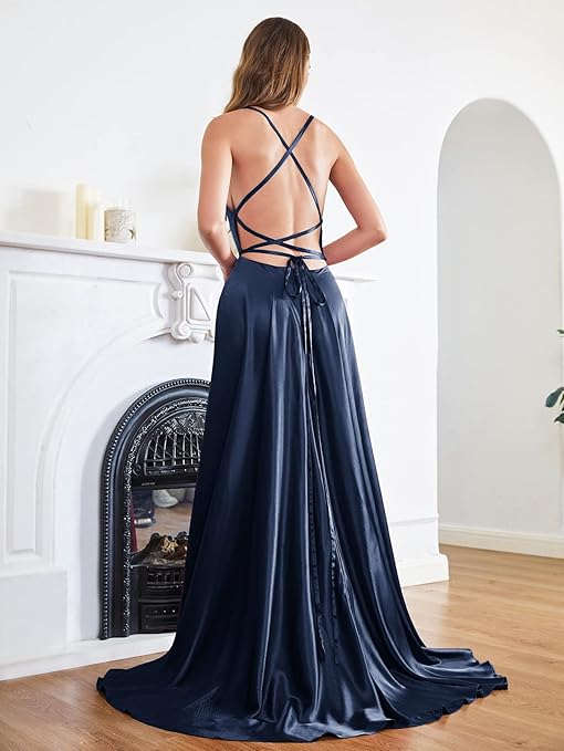 Satin Gown Spaghetti Straps With Cross Back in Navy