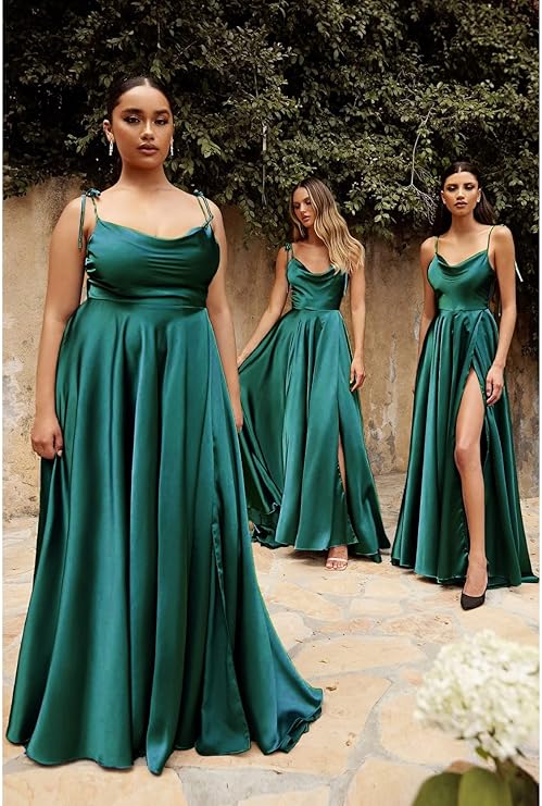 Satin Gown With Spaghetti Straps in Dark Green