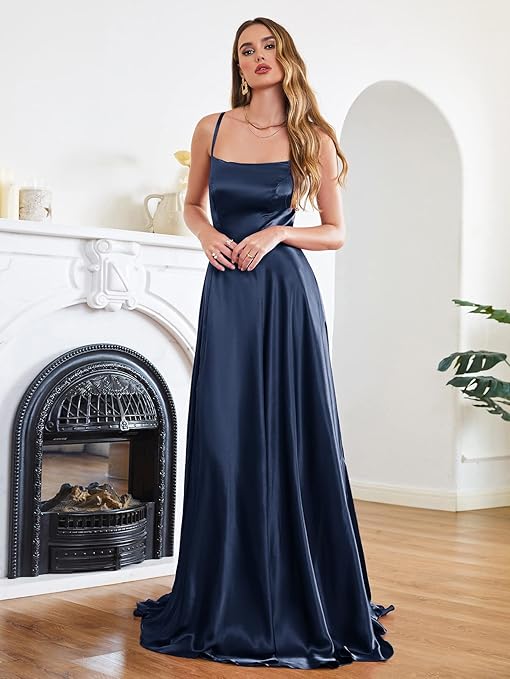 Satin Gown Spaghetti Straps With Cross Back in Navy