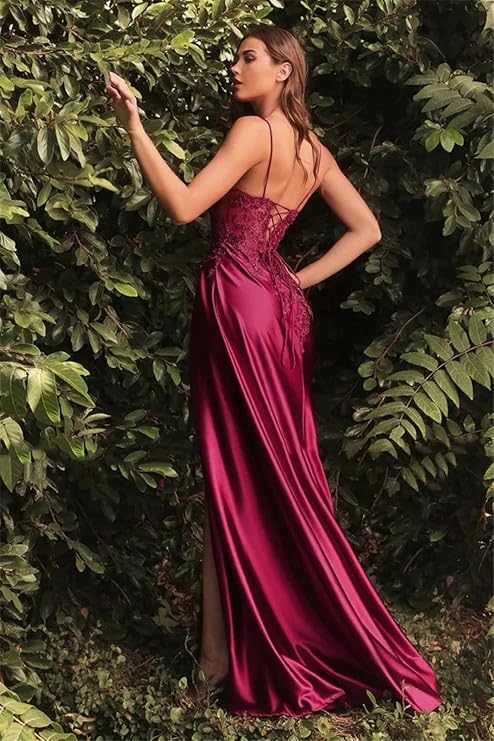 Satin Applique Gown in Burgundy