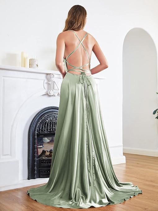 Satin Gown with Spaghetti Straps and Cross Back in Sage