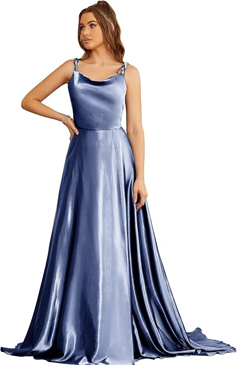 Simple Cowl Neck Satin Gown With Spaghetti Straps in Dusty Blue