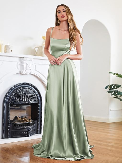 Satin Gown with Spaghetti Straps and Cross Back in Sage