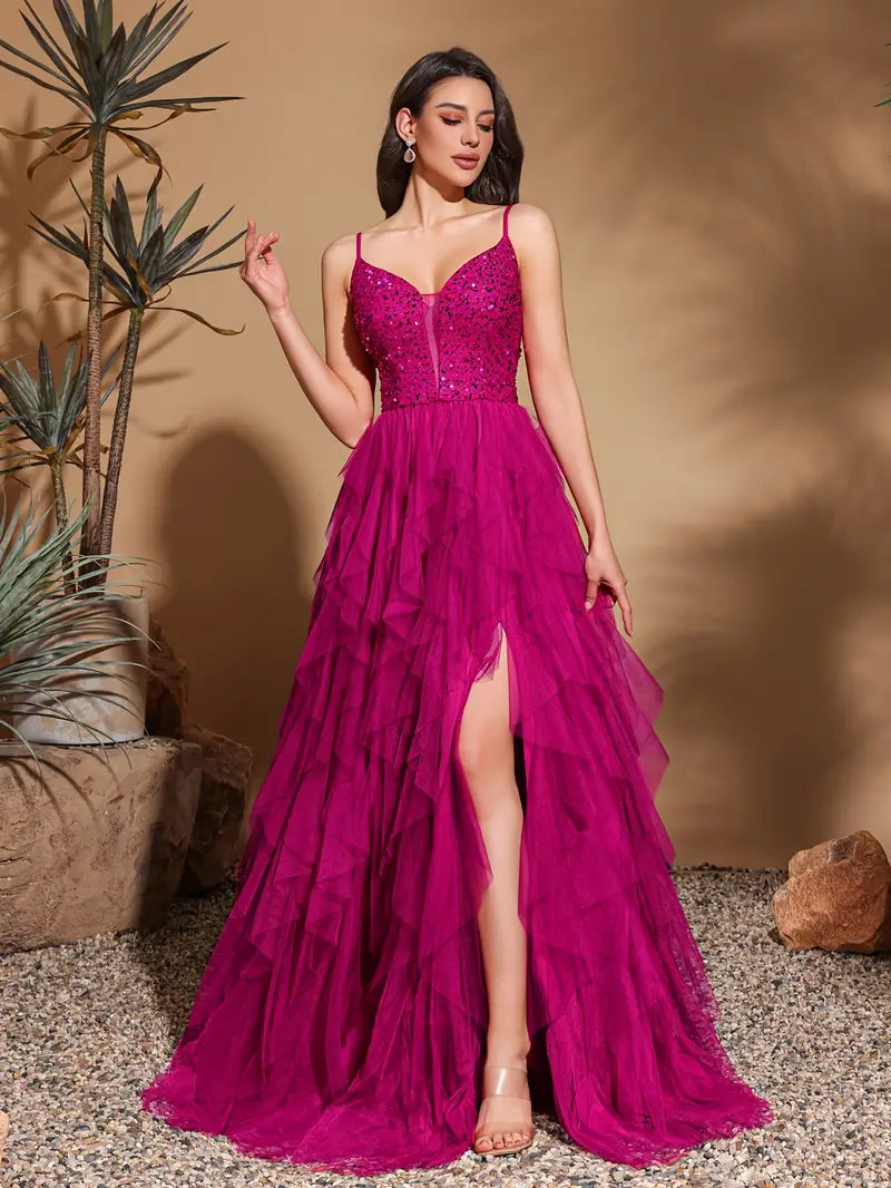 Off the Shoulder Sequin Mesh Dress in Rose