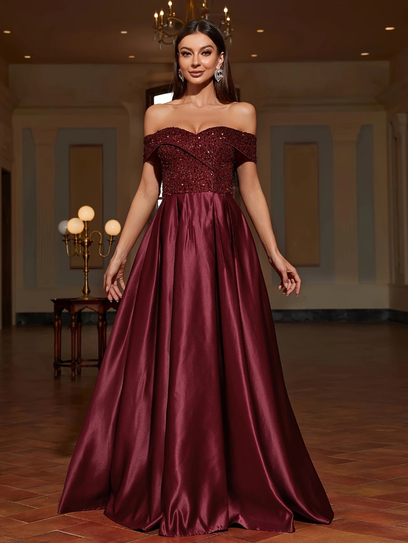 Off the Shoulder A-Line Gown in Burgundy