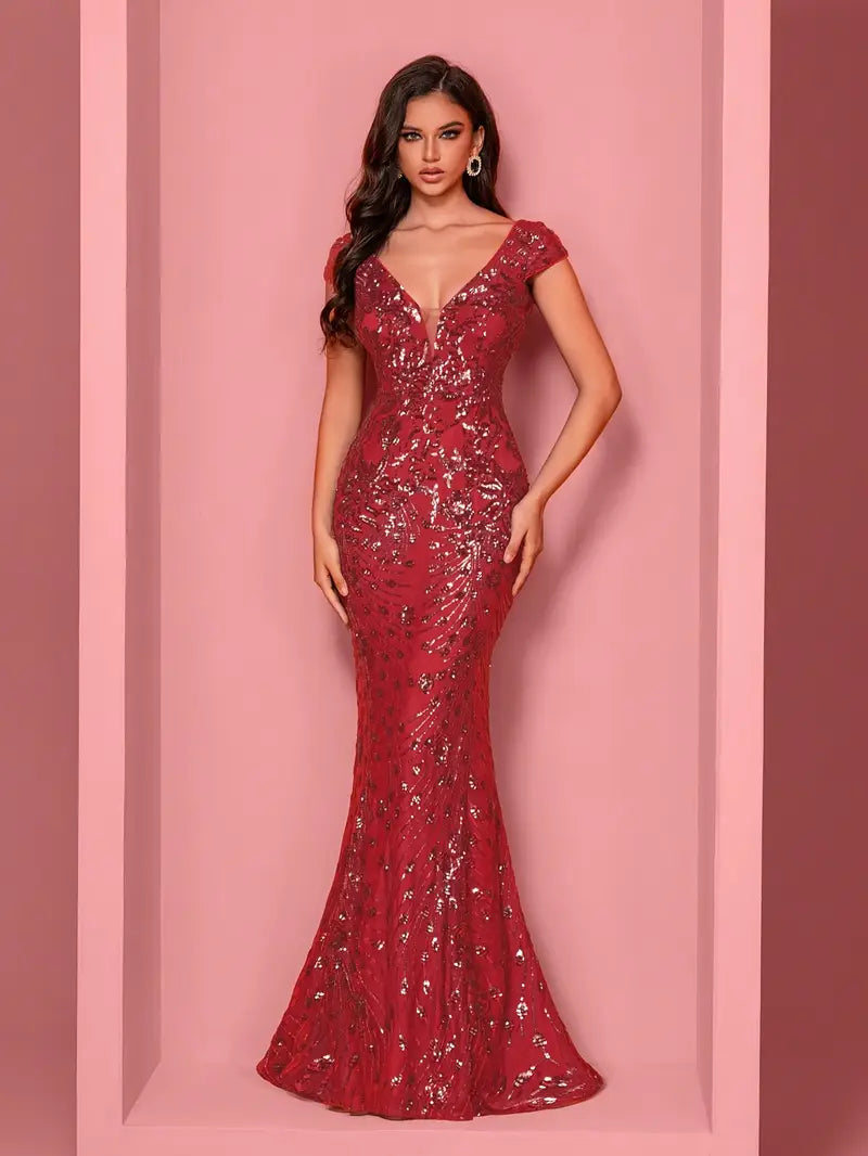 Sequin Sleeveless V Neck Gown in Red