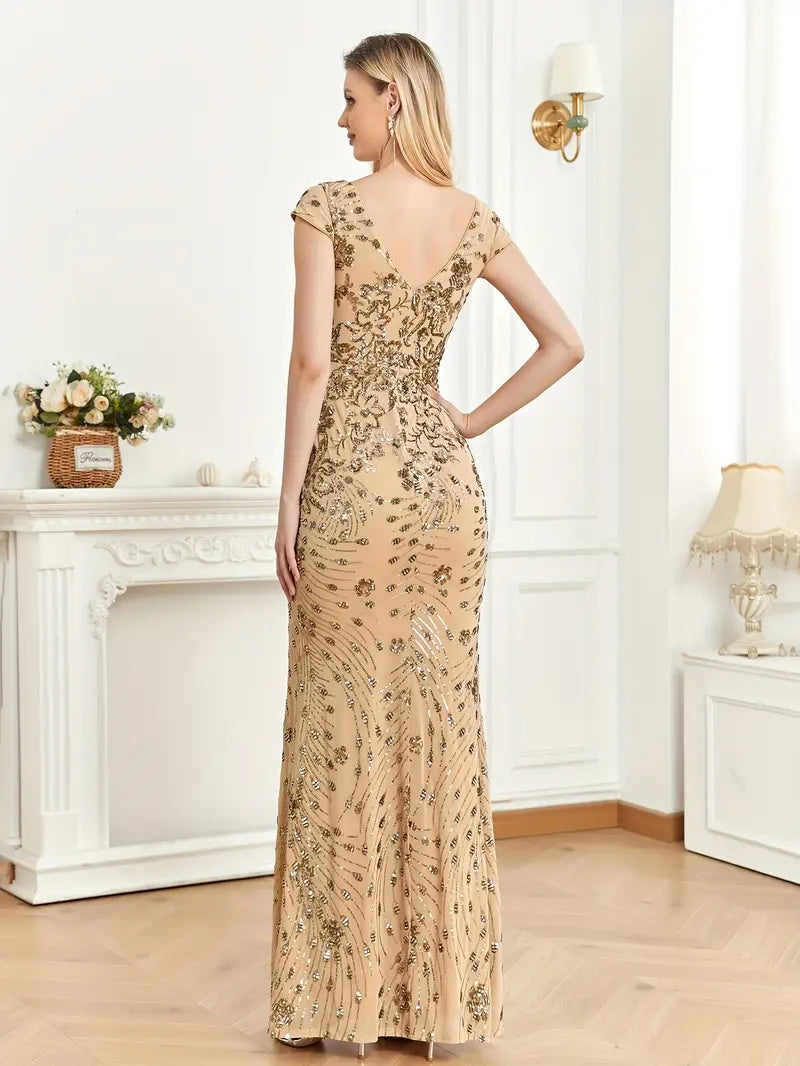 Sleeveless V-Neck Sequin Gown in light Gold