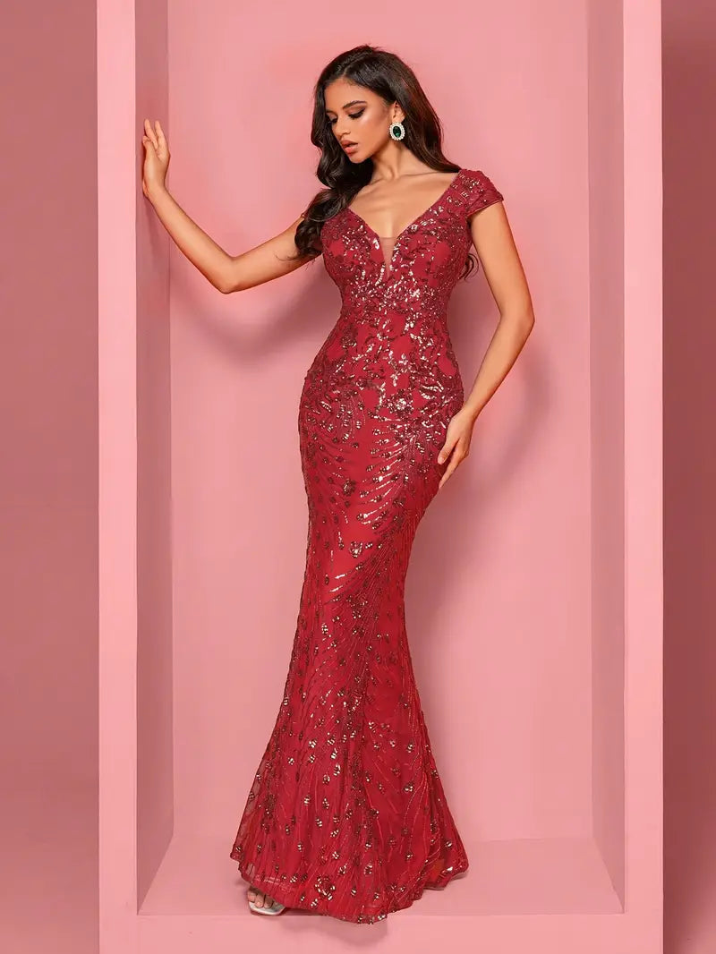 Sequin Sleeveless V Neck Gown in Red