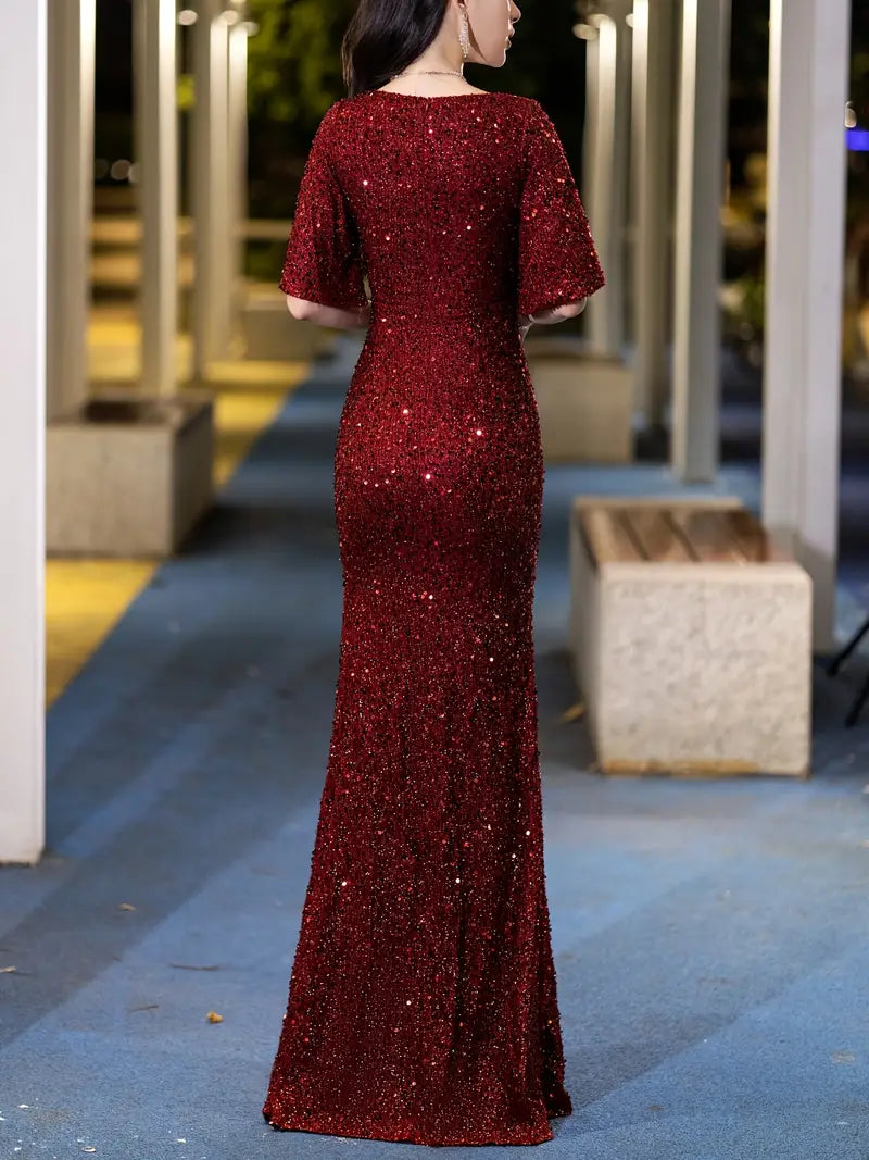Sequin V Neck Ruffle Sleeve Gown in Burgundy