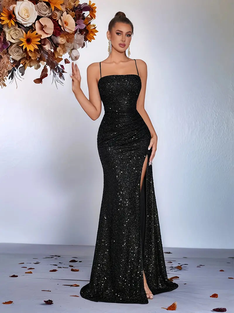 Black Sequin Spaghetti Strap Criss Cross Back Dress