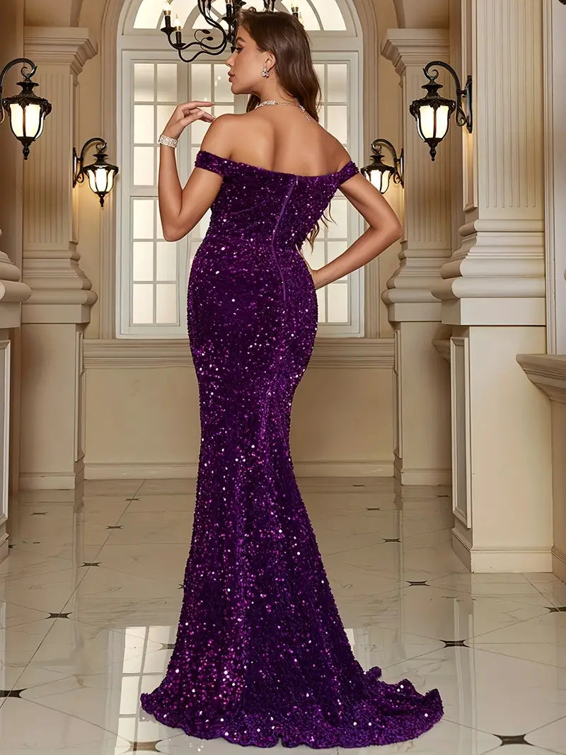 Off The Shoulder Sequin Gown in Purple