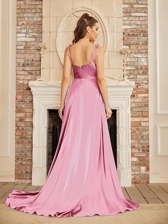 Dark Pink Satin Dress With Spaghetti Straps